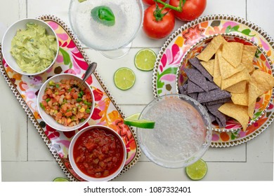 Top View Chips, Salsa And Margaritas For Cinco De Mayo