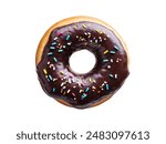Top view chocolate donut with colorful sprinkles isolated on white background