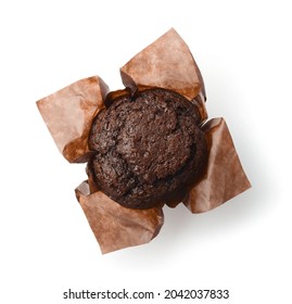 Top View Of Chocolate Muffin In Paper Wrap Isolated On White