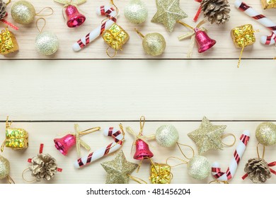 Top View Chrismas Decoration And Ornament On Wooden Table With Copy Space.