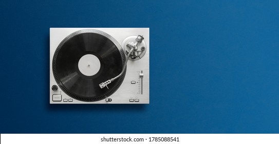 top view of a classic record player flat lay, simple minimalism concept wit copy space