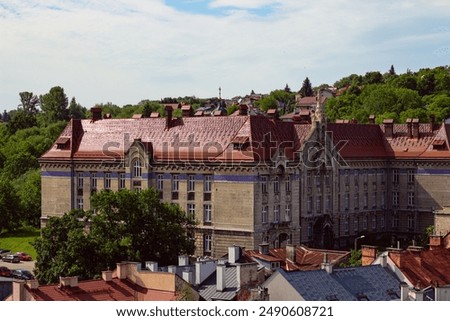 Top view from Clock Tower of Museum of Bells and Pipes on Greek Catholic Theological Seminary and other buildings in old town of Przemysl, Poland