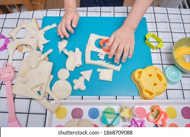 Top View Close Up Of Little Little Kid Making Cookie Cutter Sandwiches At Home, Cooking With Kids, Fun Indoor Activities For Kindergarten Concept