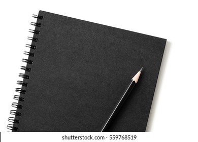 Top View Of Close Up Notebook Black Cover With Pencil On White Desk Background