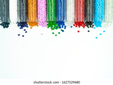 Top View Close Up Plastic Beads On White Background, Resin Plastics For Industrial