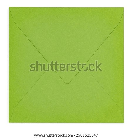 Top view of closed back from square apple green envelope. Isolated on a white background.