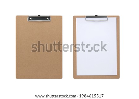 Top view closed up classic wooden clipboard isolated and white background with blank paper and clipping path
