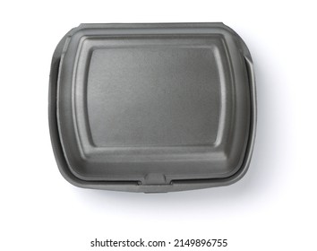 Top View Of Closed Disposable Gray Styrofoam Food Container Isolated On White