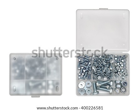 Top view of closed and opened screw boxes isolated on white background. 
