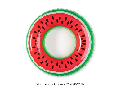 Top View Closeup Isolated Studio Shot Of Colorful Red And Green Watermelon With Black Seeds Round Shape Swimming Pool Lifesaver Kid Rubber Ring Using On Sea Beach Vacation Placed On White Background.