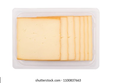 top view closeup of square cheese smoked slices in packaging isolated on white background