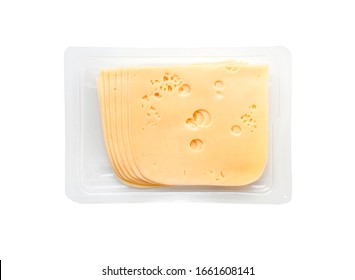 Top View Close-up Of Square Cheese Radamer Slices In A Package Isolated On A White Background. Slices Of Swiss Cheese.Maasdam - Dutch Hard Cheese With Large Holes.