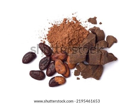 Top view of Cocoa powder with cocoa beans and cocoa mass isolated on white background. 