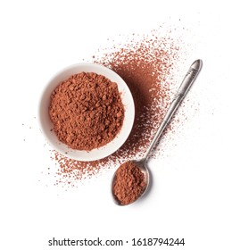 Top view of cocoa powder in white bowl as ingredient for confectionery isolated on white background