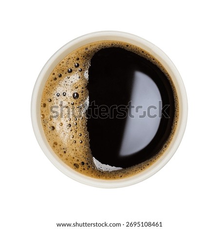 Top view of coffee with bubble in disposable paper cup isolated on white background