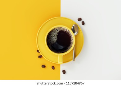 Top view of coffee cup on yellow and white background.