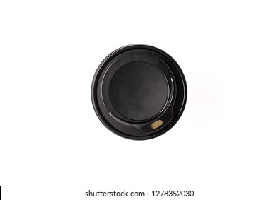 Top View Coffee Cup On White Background, Takeaway Coffee Container, Plastic Lid