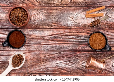 Top View Coffee Pot, Coffee Powder, Coffee Instant On The Wooden Table