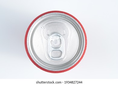 Top View Of Cold Red Aluminum Can, Drinks, Soda Or Beverage Isolated In White Background  