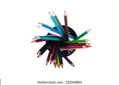 Top View Of Colored Pencils In Plastic, Wired Pencil Box, Isolated On White Background.