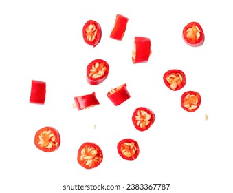 Top view of colorful red chili slices or pieces is isolated on white background with clipping path. - Powered by Shutterstock