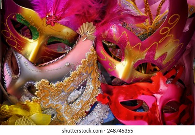 top view of colorful Venetian masquerade masks. retro filtered image 