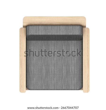 Top view of a compact 1-seater sofa, 69 x 75 cm in size, featuring a natural white oak wood frame and grey linen upholstery.