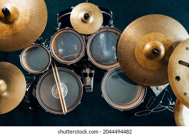 Top view complete drum set. Drumsticks on snare drum. - Powered by Shutterstock