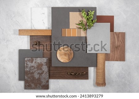 Top view composition of different types of materials for interior design and decoration