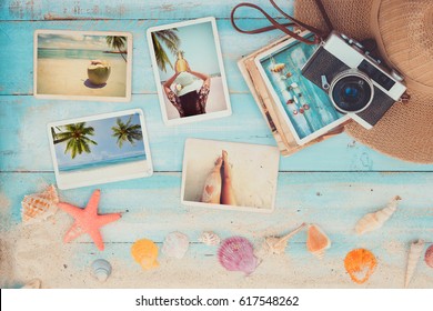 Top View Composition - Summer Photo Album With Starfish, Shells, Coral And Items On Wooden Table. Concept Of Remembrance And Nostalgia In Summer Tourism, Travel And Vacation. Vintage Color Tone.