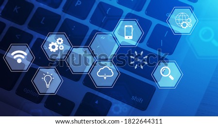 Top view of computer keyboard with CMS button, content management system related icons on virtual screen, collage. Blog promotion, data administration and website optimization concept