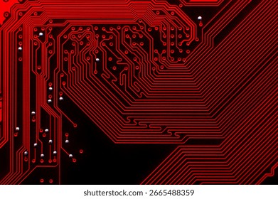 Top view of a computer plate as a background. Macro shot of a printed circuit board, paths are visible in detail. Abstract tech background for advertising