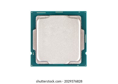 Top view computer processor isolated on white background. CPU. Central processor unit. Computer hardware technology. Integrated communication processor isolated. Information engineering.