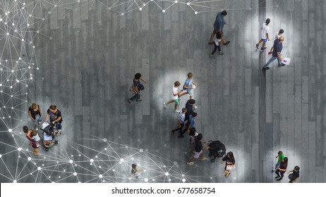 Top View Of The Concept Art Of Graphic Network Connect People Walk On The Pedestrian Street Walkway With The Teenage Young Man And The Group Of Family With Little Child. (Aerial Photo)