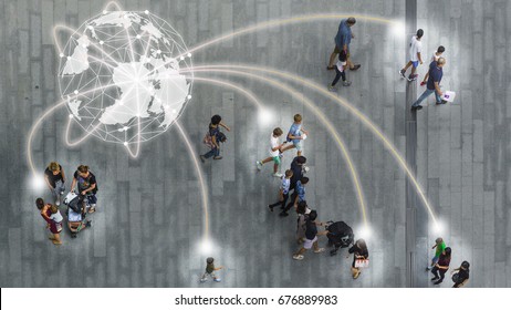 Top View Of The Concept Art Of World Has Social Network Connect People Walk On The Pedestrian Street Walkway With The Teenage Young Man And The Group Of Family With Little Child. (Aerial Photo)