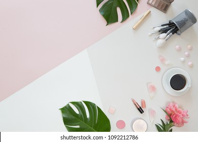 Top View Concept Of Online Shopping Cosmetics On White And Pink Background Flat Lay, Mock Up And Copyspace