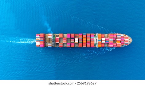 Top view Container ship full capacity approaching port International Container ship loading, unloading at sea port, Freight Transportation, Shipping,Logistics, import export, Transportation. Global