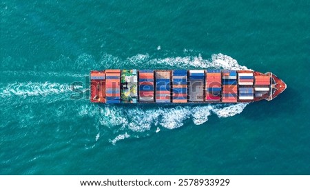 Top view Container ship full capacity approaching port International Container ship loading, unloading at sea port, Freight Transportation, Shipping,Logistics, import export, Transportation. Global