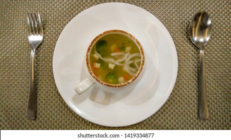 Top View Of The Corn Broccoli Paneer Mixed Veg Soup Served Hot In An Indian Restaurant