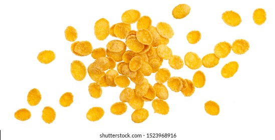 Top view of corn flakes. Heap of traditional breakfast cereals isolated, falling cornflakes on white background, with clipping path