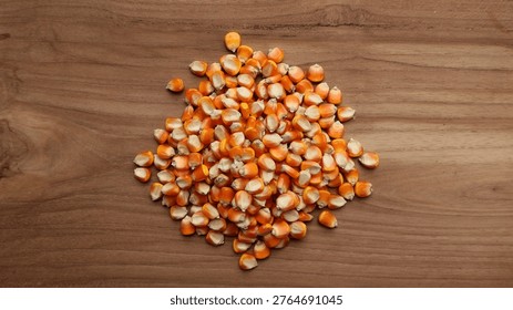 Top View Corn Kernels Pile on Wooden Table Background