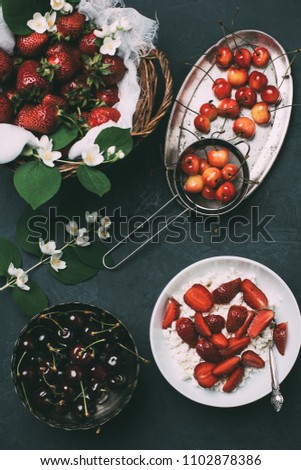 Similar – Foto Bild Hintergrund mit frische Erdbeeren und Marmeladengläser