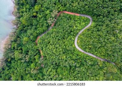 Top View Of Countryside Road Passing Through The Green Forrest And Mountain