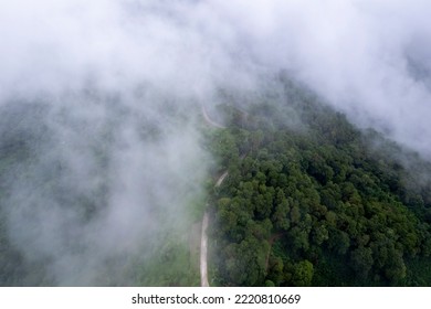 Top View Of Countryside Road Passing Through The Green Forrest And Mountain