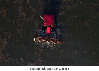 Top View Of The Cranberry Harvesting On The Farm By Tractor