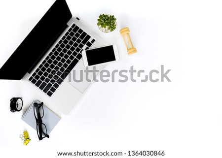 top view creative flat lay photo of modern workplace with laptop, top view laptop background and copy space on white background, Above view shot of Computers on white background
