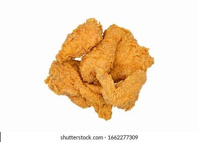 Top View Of Crispy Fried Chicken Drumsticks Wing And Breast Isolated On White Background, High Calories Fast Food Menu.