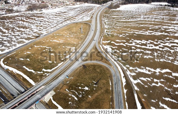Top\
view of the crossroads of asphalt roads and\
highways