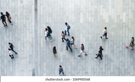 Top View Crowd Of People Walk On Business Street Pedestrian In City