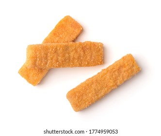 Top View Of Crumbed Fish Fingers Isolated On White